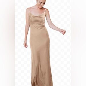 NWT Revelry Skye Champagne Velvet Dress Ruched Cowl Neck Side Slits Gown Sz 0